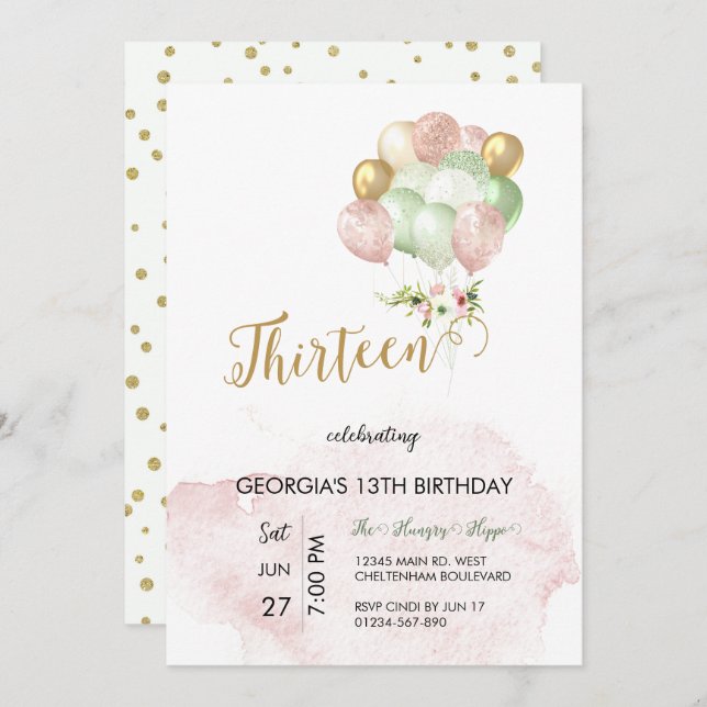 13th Invite Pink Silver Birthday Invitation (Front/Back)