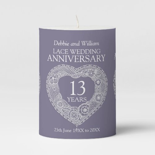 13th lace wedding anniversary custom name pillar candle