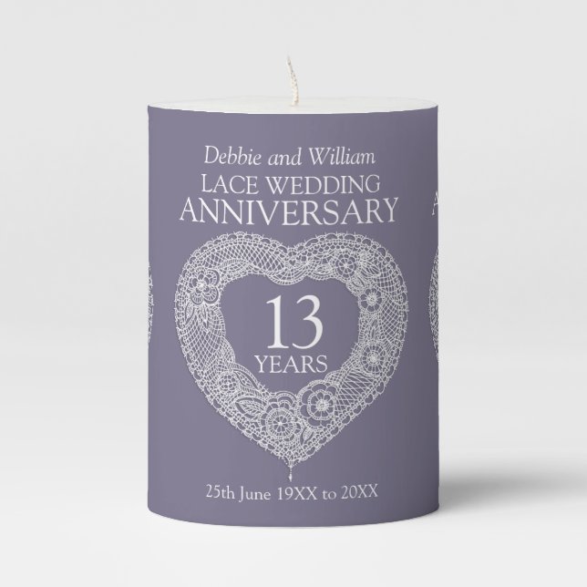 13th lace wedding anniversary custom name pillar candle (Front)