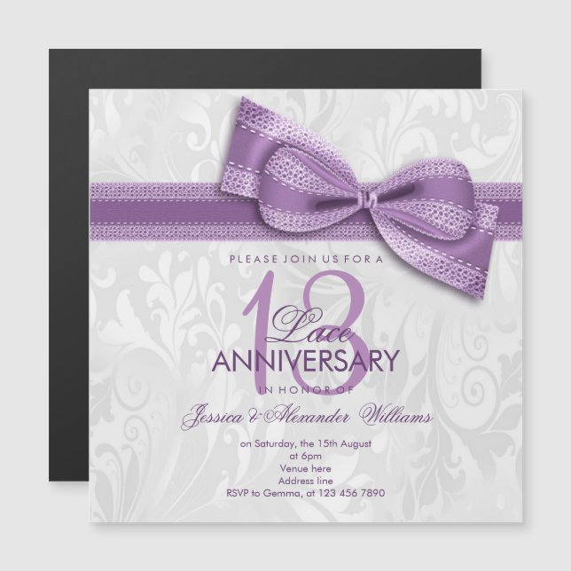 13th Lace Wedding Anniversary Damask and Faux Bow Magnetic Invitation (Front/Back)