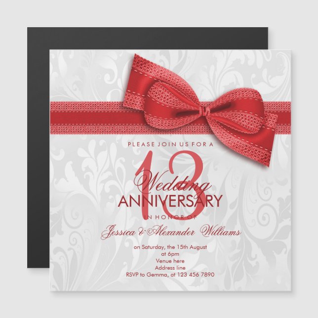 13th Lace Wedding Anniversary Damask and Faux Bow Magnetic Invitation (Front/Back)