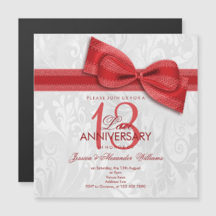 13th Lace Wedding Anniversary Damask and Faux Bow Magnetic Invitation