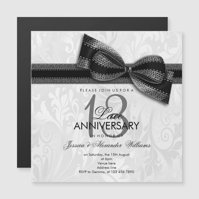 13th Lace Wedding Anniversary Damask and Faux Bow Magnetic Invitation (Front/Back)