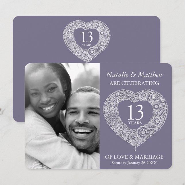 13th lace wedding Anniversary gray white Invitation (Front/Back)