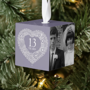 13th lace wedding anniversary heart now then photo cube ornament