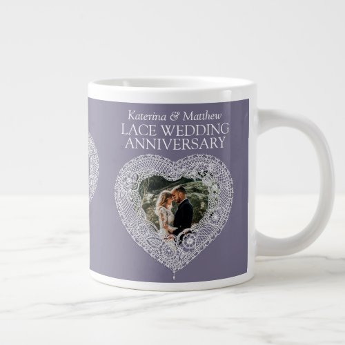 13th Lace Wedding anniversary heart photo gray Giant Coffee Mug