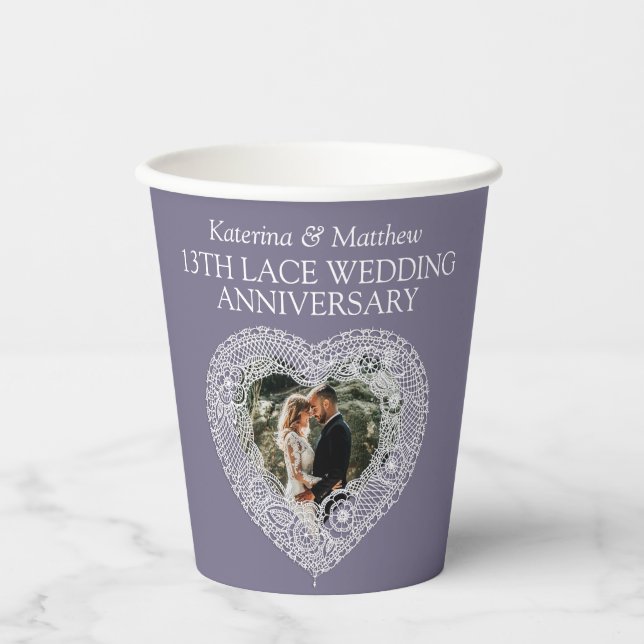 13th Lace Wedding anniversary heart photo gray Paper Cups (Front)