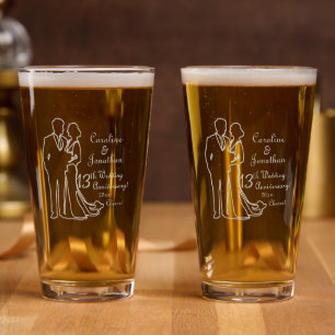 13th Lace Wedding Anniversary Line Art Couple Pint Glass
