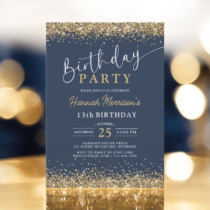 13th Navy Blue Gold Glitter Any Age Birthday  Invitation