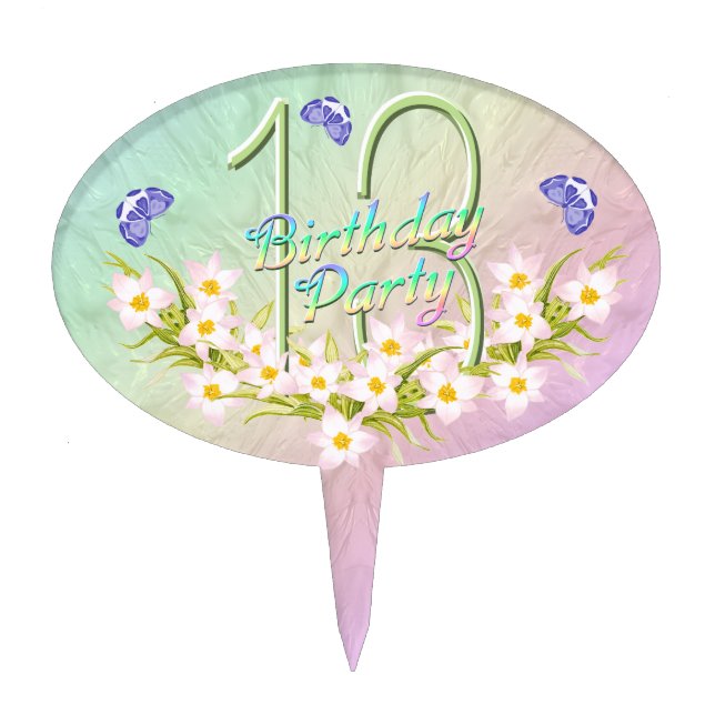 13th Rainbow and Butterflies Birthday Party Cake Topper (Front)
