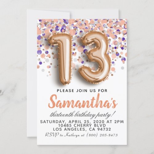 13th Rose Gold Birthday Invitation