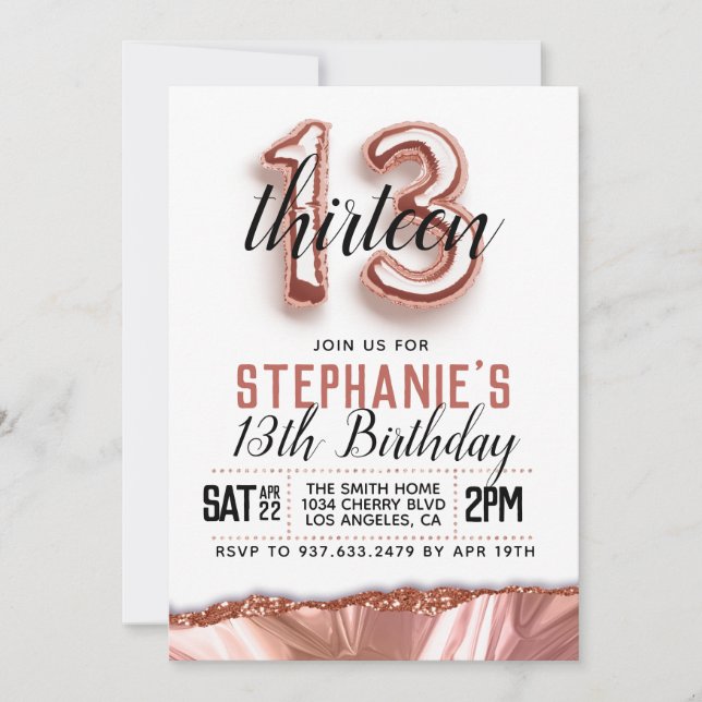 13th Rose Gold Birthday Invitation (Front)