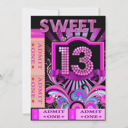 13th Sweet 13 Birthday Party Ticket Admission Invitation