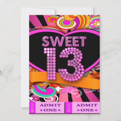 13th Sweet 13 Birthday Party Ticket Admission Invitation