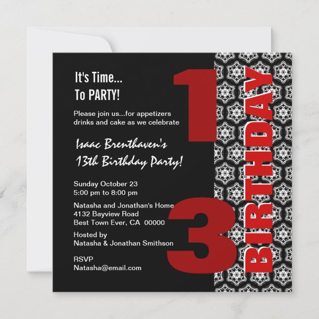 13th Teen Birthday Modern Black White Stars G405 Invitation (Front)