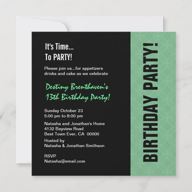 13th Teen Birthday Modern Mint and Black W745 Invitation (Front)