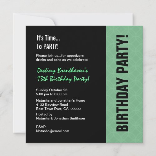 13th Teen Birthday Modern Mint and Black W745 Invite