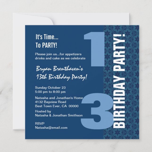 13th Teen Birthday Modern Navy Blue Stars G401 Invitation (Front)
