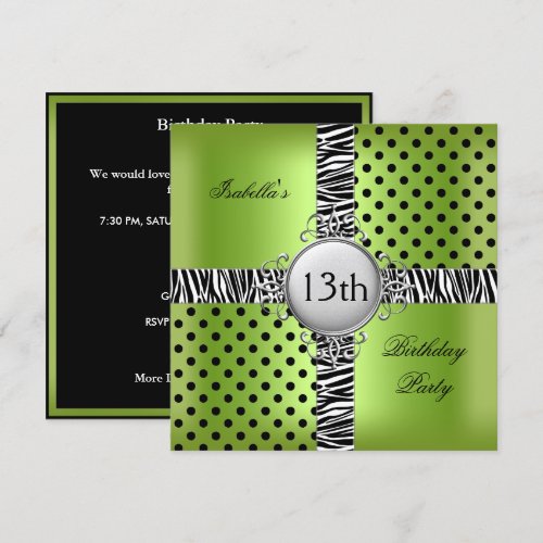 13th Teen Birthday Party Lime Green Black Zebra Custom Invites