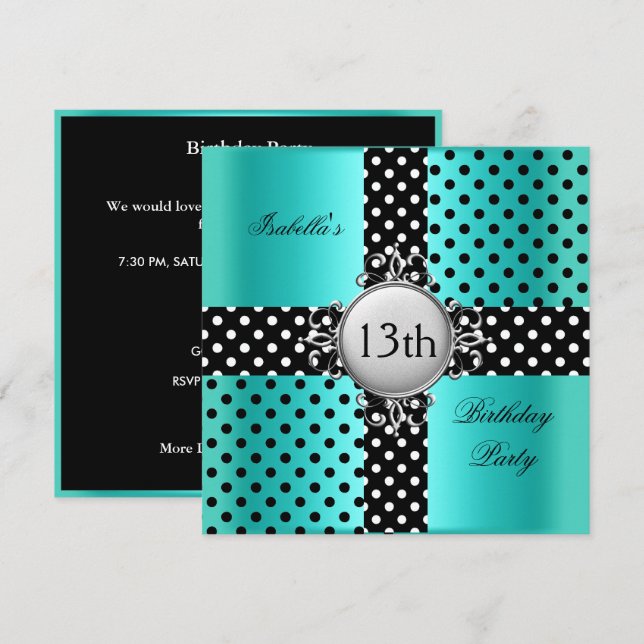 13th Teen Birthday Party Teal Blue Black Polka Dot Invitation (Front/Back)