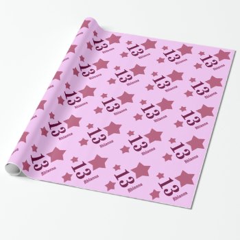 13th Teen Birthday Stars Custom Name V19 Pink Wrapping Paper by JaclinArt at Zazzle