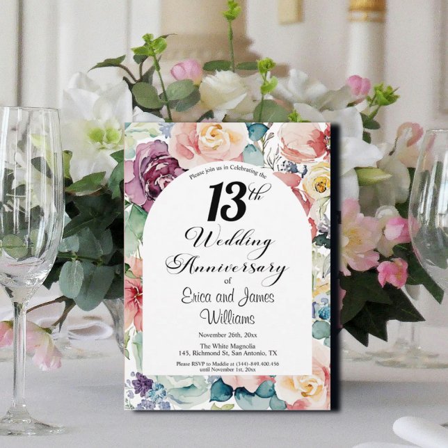 13th Wedding Anniversary Elegant Script Floral Invitation (Creator Uploaded)
