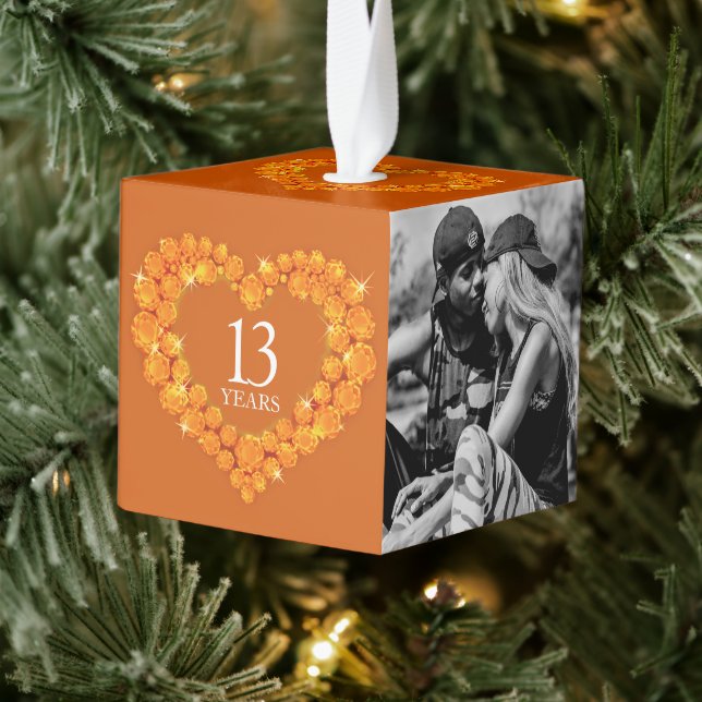 13th wedding anniversary heart two photo citrine cube ornament (Tree)