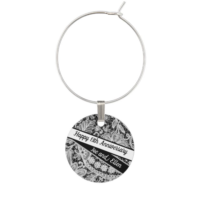 13th Wedding Anniversary, Lace Anniversary Wine Charm (Front)