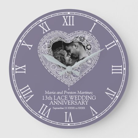 13th Wedding Anniversary Lace Heart Gray Large Clock