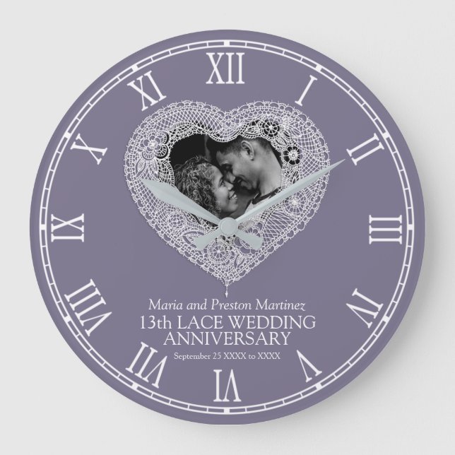  13th wedding anniversary lace heart gray large clock (Front)
