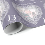 13th wedding anniversary lace heart photo wrap wrapping paper<br><div class="desc">Lace wedding anniversary wrapping paper. Personalize this anniversary paper with your own photo and relatives or friends name and anniversary year. Currently reads To our Daughter and Son-in-law Happy Lace Wedding Anniversary 13 years. Lace effect in an outline heart shape printed graphics 13th Wedding Anniversary wrapping paper ideal to wrap...</div>