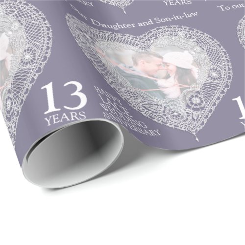 13th wedding anniversary lace heart photo wrap wrapping paper