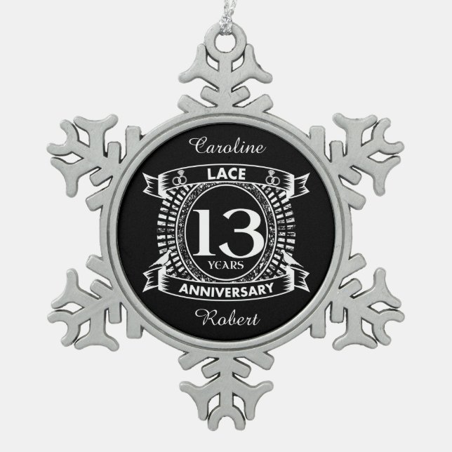 13TH wedding anniversary lace Snowflake Pewter Christmas Ornament (Front)