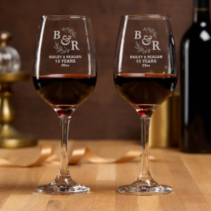 13th Wedding Anniversary Leaves Motif Monogram Wine Glass