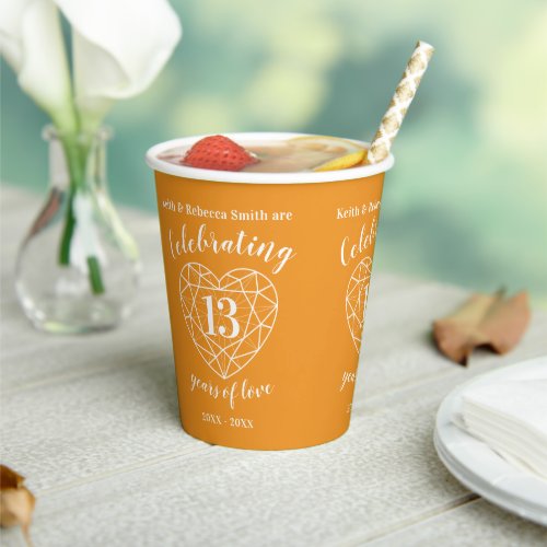 13th Wedding Anniversary outline heart orange Paper Cups