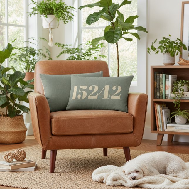 13x21 Sage Green ZIP Code Throw Pillow (Custom location zip code lumbar pillow.)