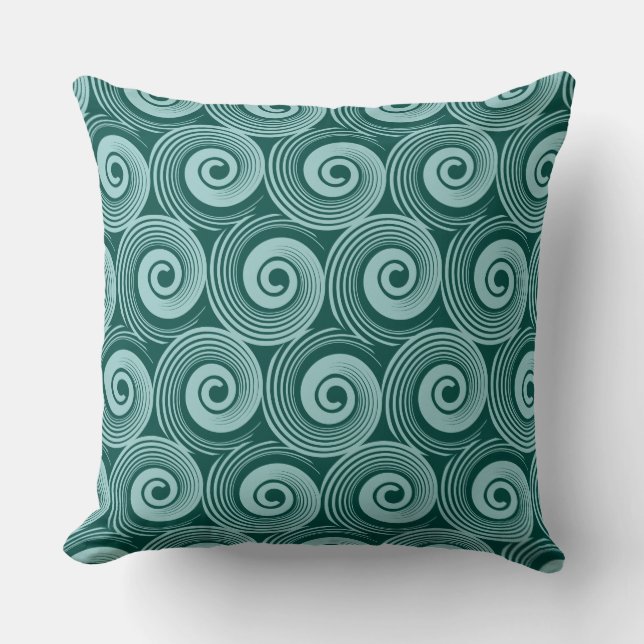 140216 Spirals - Lt Blue Green on Dk Green 004840 Throw Pillow (Front)