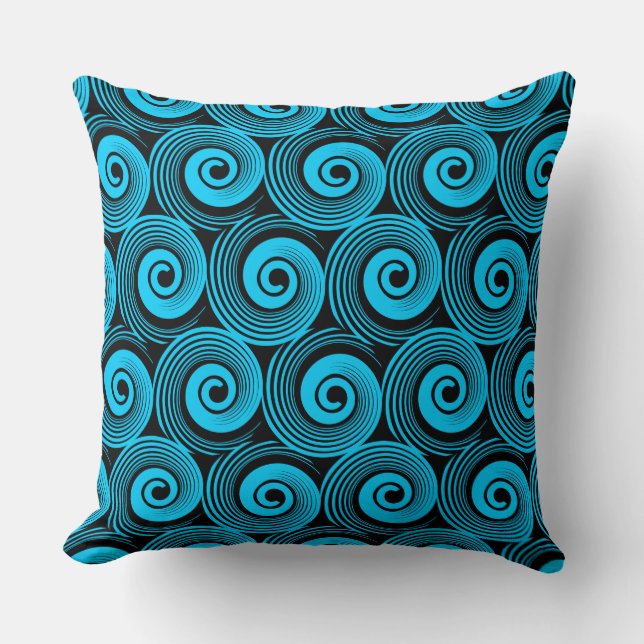 140216 Spirals - Sky Blue on Black Throw Pillow (Front)
