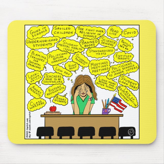 1409 Teacher Stress And Worry Cartoon Mouse Pad (Front)