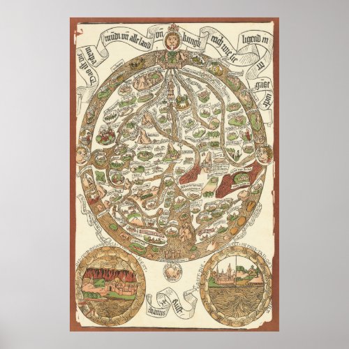 1480 Woodcut World Map Poster