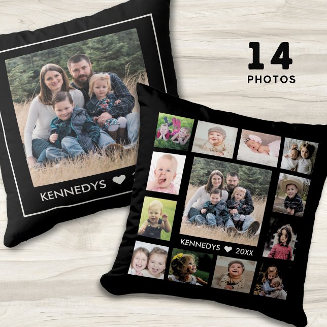 14 Family Photo Collage Create Your Own Black Throw Pillow (Creator Uploaded)