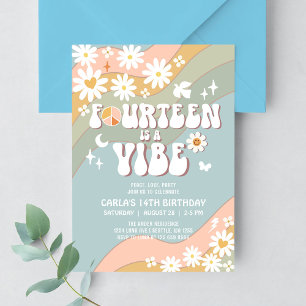 14 is a Vibe Daisy Hippie 70s Retro Birthday Invitation