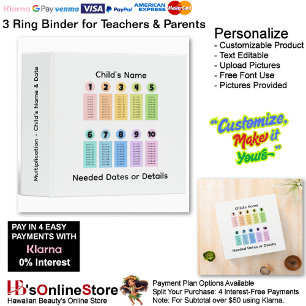 14 Learn Multiplication Child's Name Date Teacher  3 Ring Binder