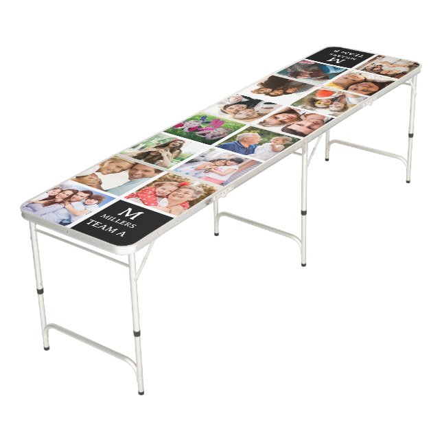 14 Photo Collage Family Name Team Monogram Beer Pong Table (Angled)