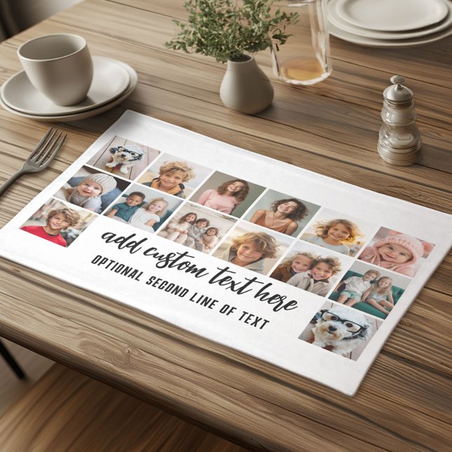 14 Photo Collage Grid - 2 Text boxes - white Cloth Placemat (Custom Cloth Placemat with Photo Collage)
