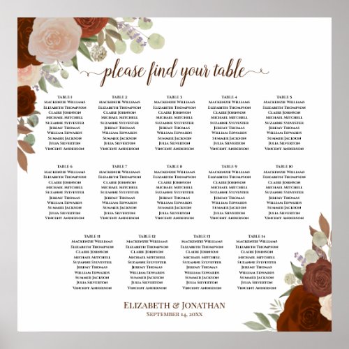 14 Table Autumn Roses Boho Wedding Seating Chart