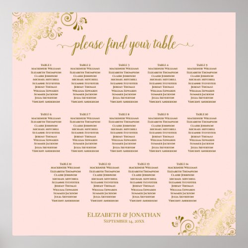 14 Table Blush Pink  Gold Wedding Seating Chart