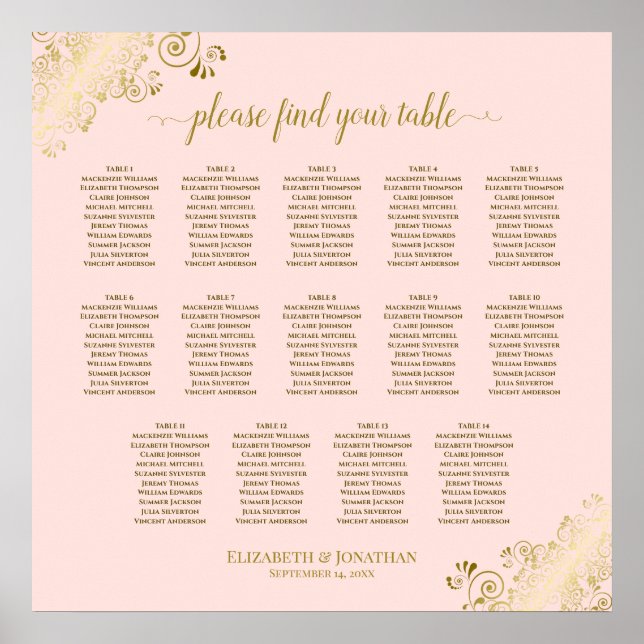 14 Table Blush Pink & Gold Wedding Seating Chart (Front)