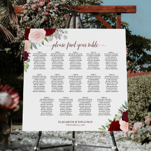 14 Table Burgundy Pink Roses Wedding Seating Chart Foam Board