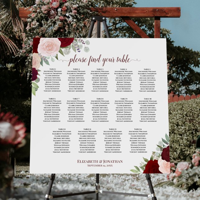 14 Table Burgundy Pink Roses Wedding Seating Chart Foam Board (In Situ on Stand with Flowers)